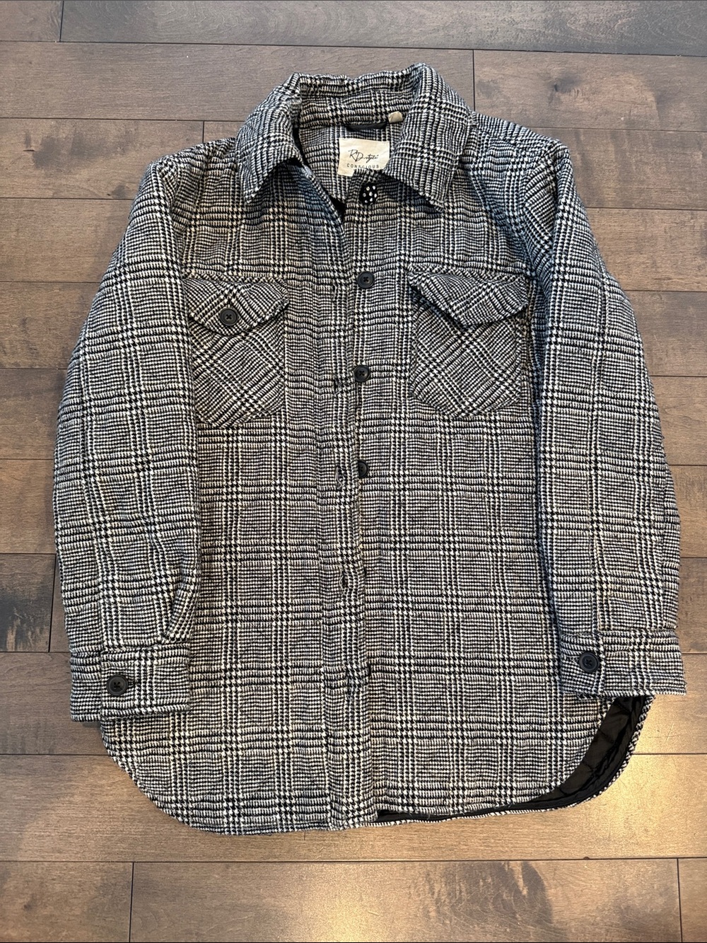 RD Style Black & White Plaid Button-Front Quilted Shirt Jacket